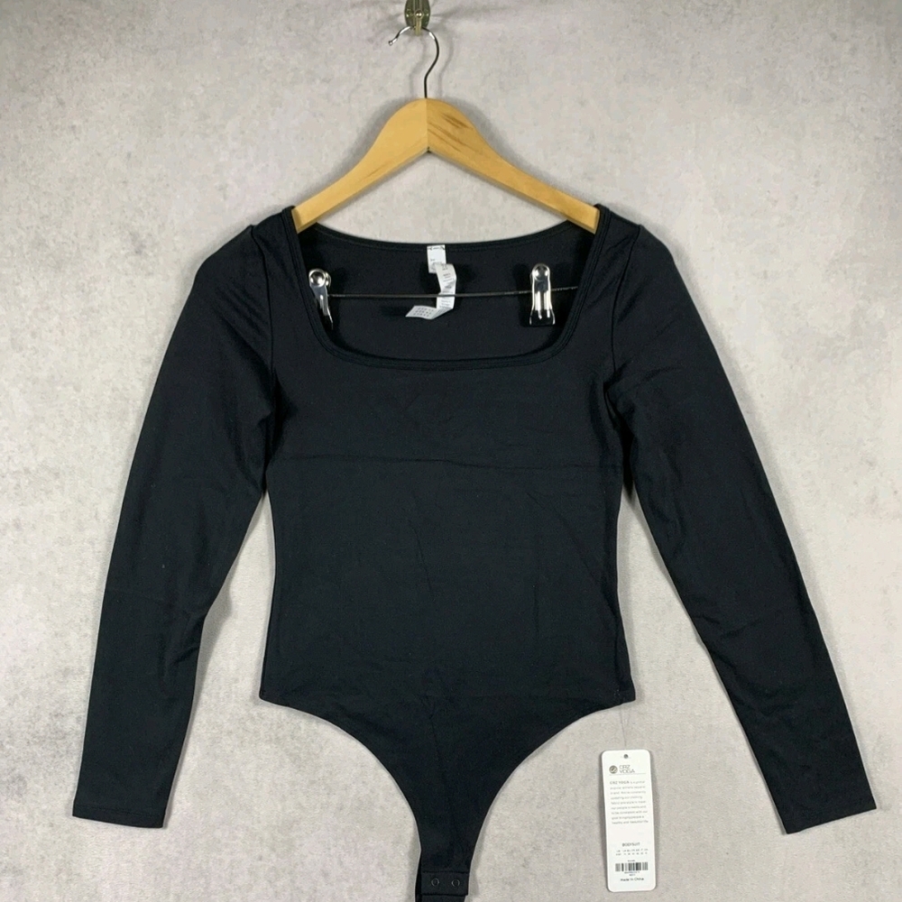 CRZ Yoga Women's Black Square Neck Long Sleeve Bodysuit Size Small 4/6 NWT
